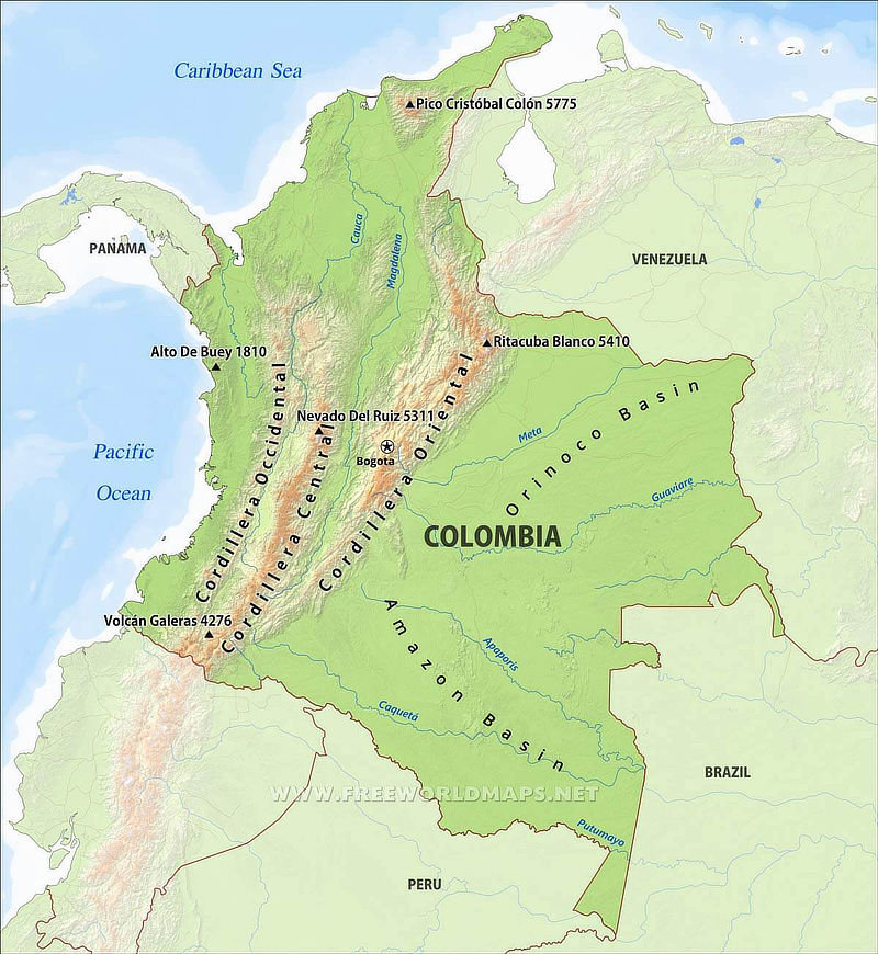 Map of Colombia in South America showing areas popular with birdwatchers and ecotourists