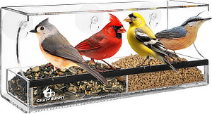 Gray Bunny Window Bird Feeder with Strong Suction Cups, Rectangle Window Bird Feeders for Outdoors Viewing, Clear Transparent Squirrel Proof Birdfeeder, Drain Holes, Removable Tray Large Seed Capacity ... at Amazon