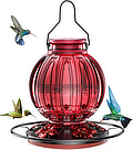 Colorful red glass hummingbird feeder, 26-oz capacity, with perch and 5 feedding ports ... at Amazon